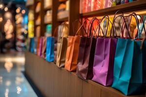 une ensemble de coloré achats Sacs avec poignées. papier achats Sacs proche en haut. achats journées concept par ai généré photo