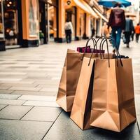 une ensemble de coloré achats Sacs avec poignées. papier achats Sacs proche en haut. achats journées concept par ai généré photo