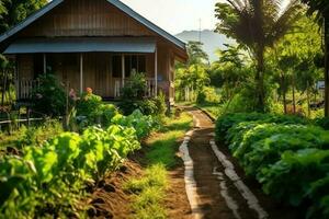 en bois maison dans village avec les plantes et fleurs dans arrière-cour jardin. jardin et fleur sur rural maison concept par ai généré photo