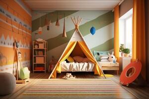 moderne enfant chambre intérieur conception dans maison avec décoration les enfants. coloré les enfants chambre concept par ai généré photo