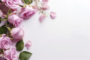 proche en haut de épanouissement rose des roses fleurs et pétales isolé sur blanc table Contexte. floral Cadre composition. décoratif la toile bannière. vide espace, plat poser, Haut voir. ai génératif photo