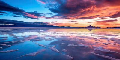 ai généré. ai génératif. Bolivie sel lac. rose des nuages réfléchir sur l'eau Lac surface. aventure Voyage vacances Extérieur la nature ambiance. graphique art photo