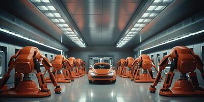 ai généré. ai génératif. automobile usine voiture production par des robots futur technologie. graphique art photo