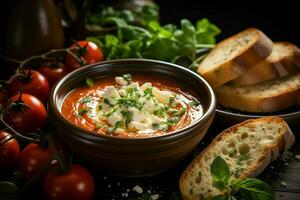 une délicieux tomate soupe nourriture dans une bol. hiver nourriture et en bonne santé protéine soupe repas concept par ai généré photo