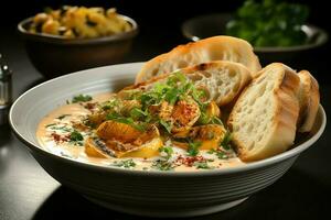 une délicieux Bouillabaisse soupe nourriture dans une bol. marseille nourriture et en bonne santé protéine soupe repas concept par ai généré photo