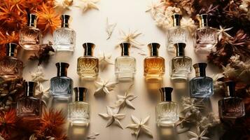 Haut vue de parfums sur floral Contexte photo