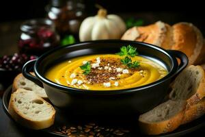 une délicieux citrouille soupe nourriture crème dans une bol. hiver nourriture et haute en bonne santé soupe repas concept par ai généré photo