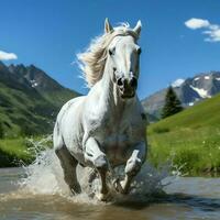 une sauvage cheval fonctionnement dans le ruisseau. sauvage ou ferme animaux concept par ai généré photo