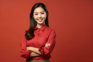 magnifique asiatique femme dans décontractée avec sourire joyeux. studio coup asiatique femme permanent main geste concept par ai généré photo