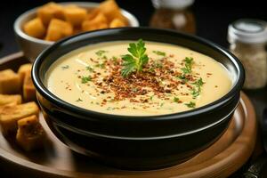 une délicieux Pomme soupe nourriture dans une bol. hiver nourriture et en bonne santé protéine soupe repas concept par ai généré photo