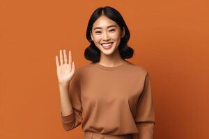 magnifique asiatique femme dans décontractée avec sourire joyeux. studio coup asiatique femme permanent main geste concept par ai généré photo