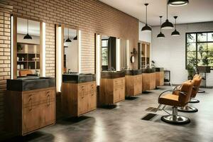 moderne salon de coiffure intérieur avec miroirs chaise et autre équipement près les fenêtres. chaises dans salon de coiffure concept par ai généré photo