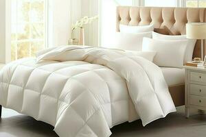magnifique luxe confortable blanc oreiller et couverture sur lit décoration. luxe blanc vers le bas consolateur concept par ai généré photo