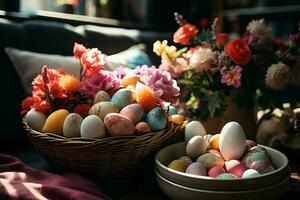 Pâques journée concept dans vivant pièce avec lapin, bonbons ou beaucoup coloré décoratif Pâques des œufs. peint des œufs sur paille nid et fleur. Pâques fête. Pâques journée Contexte par ai généré photo