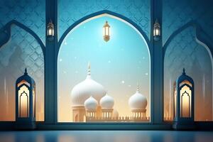 eid mubarak et Ramadan kareem salutations avec islamique lanterne et mosquée. eid Al fitr Contexte. eid Al fitr Contexte de fenêtre concept par ai généré photo