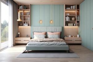 moderne chambre intérieur conception dans appartement ou maison avec meubles. luxe chambre scandinave concept par ai généré photo