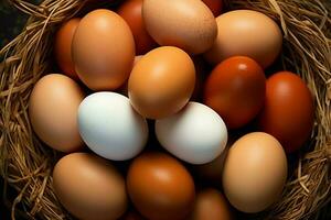 une lot tas de Frais poulet des œufs sur le en bois, nid ou paille panier. éco des œufs les courses en bonne santé concept par ai généré photo