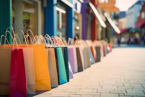 une ensemble de coloré achats Sacs avec poignées. papier achats Sacs proche en haut. achats journées concept par ai généré photo