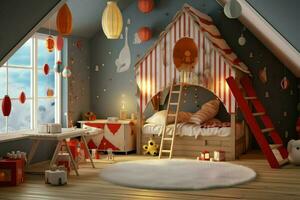 moderne enfant chambre intérieur conception dans maison avec décoration les enfants. coloré les enfants chambre concept par ai généré photo