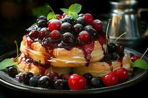 fait maison de délicieux Pâtisserie ou Crêpes avec fruit danois et cerise. danois Pâtisserie et dessert concept par ai généré photo