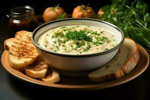 une délicieux poulet soupe nourriture avec des légumes dans une bol. hiver nourriture et haute protéine soupe repas concept par ai généré photo