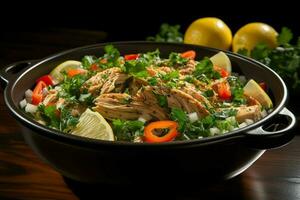 une délicieux poulet soupe nourriture avec des légumes dans une bol. hiver nourriture et haute protéine soupe repas concept par ai généré photo