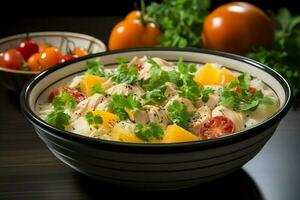 une délicieux poulet soupe nourriture avec des légumes dans une bol. hiver nourriture et haute protéine soupe repas concept par ai généré photo