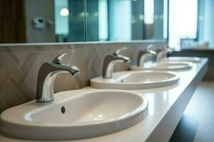 moderne Publique salle de bains avec rangée de blanc céramique laver évier bassins et robinet avec miroir dans salle de repos concept par ai généré photo