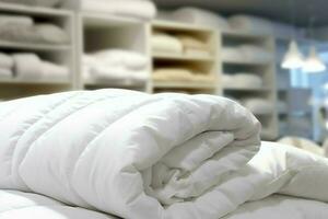 magnifique luxe confortable blanc oreiller et couverture sur lit décoration. luxe blanc vers le bas consolateur concept par ai généré photo