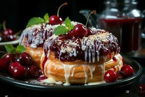 fait maison de délicieux Pâtisserie ou Crêpes avec fruit danois et cerise. danois Pâtisserie et dessert concept par ai généré photo