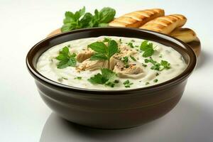 une délicieux poulet soupe nourriture avec des légumes dans une bol. hiver nourriture et haute protéine soupe repas concept par ai généré photo