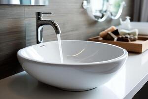 moderne Publique salle de bains avec rangée de blanc céramique laver évier bassins et robinet avec miroir dans salle de repos concept par ai généré photo