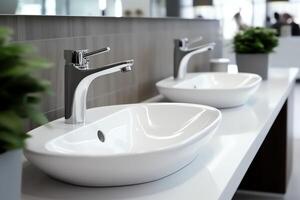 moderne Publique salle de bains avec rangée de blanc céramique laver évier bassins et robinet avec miroir dans salle de repos concept par ai généré photo