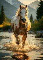 une sauvage cheval fonctionnement dans le ruisseau. sauvage ou ferme animaux concept par ai généré photo