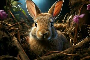 content lapin avec beaucoup Pâques des œufs sur Pâques journée concept. Pâques journée Contexte avec lapin, bonbons ou coloré décoratif des œufs. peint des œufs sur paille nid et fleur. Pâques fête par ai généré photo