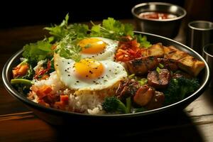 nasi goreng indonésien traditionnel aliments. frit riz poulet avec des œufs et épicé épices par friture concept par ai généré photo