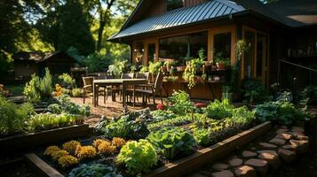 en bois maison dans village avec les plantes et fleurs dans arrière-cour jardin. jardin et fleur sur rural maison concept par ai généré photo