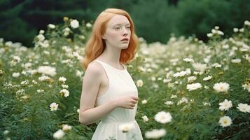 surréaliste photo de une fille dans nature, fleur champ, action, femme beauté, blond, roux, génératif ai