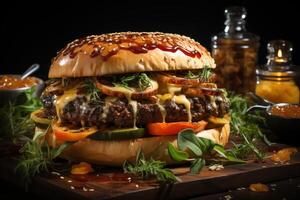 délicieux Burger avec légume et fondu fromage sur rustique en bois assiette généré par ai photo