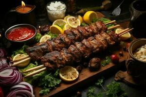 délicieux kebab sur couper planche avec Viande et légume généré par ai photo