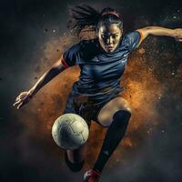 portrait de Jeune femelle football joueur avec football Balle permanent dans le gros stade. photo