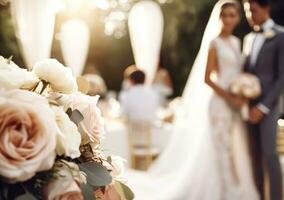 mariage la cérémonie et fête, la mariée et jeune marié à une magnifique Extérieur lieu sur une ensoleillé jour, luxe mariage décor avec fleurs et de mariée bouquet, génératif ai photo