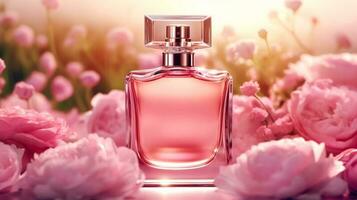 luxueux floral flairer, fragrance bouteille et rose fleurs, parfum commercial dans fleur jardin, sur mesure parfumerie et beauté produit vente, génératif ai photo