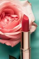 rose rouge à lèvres dans une d'or tube et épanouissement Rose fleur, beauté cosmétique et maquillage produit, génératif ai photo