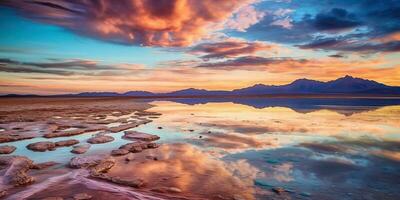 ai généré. ai génératif. Bolivie sel lac. rose des nuages réfléchir sur l'eau Lac surface. aventure Voyage vacances Extérieur la nature ambiance. graphique art photo