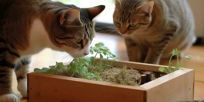 ai généré. ai génératif. chats avec herbe à chat sur photo manger en bonne santé plante ensemble. l'amour animal de compagnie romantique animaux domestiques. graphique art