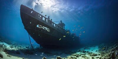 ai généré. ai génératif. en dessous de l'eau mer océan scaphandre autonome différer aventures. sous-marin explorer voyage vieux histoire bateau. nautique Marin Profond bleu vibe.graphique art photo