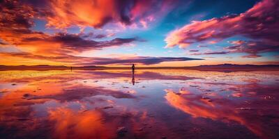 ai généré. ai génératif. Bolivie sel lac. rose des nuages réfléchir sur l'eau Lac surface. aventure Voyage vacances Extérieur la nature ambiance. graphique art photo