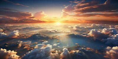 ai généré. ai génératif. air drone aérien vue cloudscape paysage la nature Extérieur mouche de au dessus Terre des nuages Soleil rayons de soleil. graphique art photo