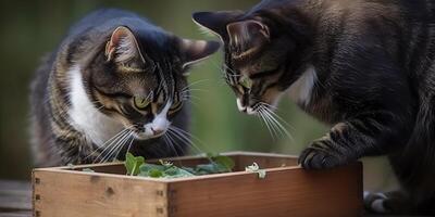 ai généré. ai génératif. chats avec herbe à chat sur photo manger en bonne santé plante ensemble. l'amour animal de compagnie romantique animaux domestiques. graphique art